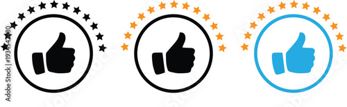 Premium Thumbs Up Rating Badge with Five Star Circle – Customer Review Approval Symbol, Quality Guarantee Emblem, Modern Flat Vector Illustration Set