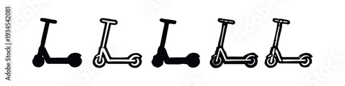 Set of black and white kick scooter icons illustrating modern urban transportation