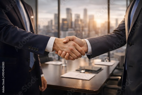 Business Negotiation Success Handshake in Executive Office, Corporate Deal Closure and Professional Partnership Agreement Concept