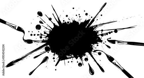 Paintbrushes splattering black ink in explosive burst design featuring paint, brush, splatter with splash and blot