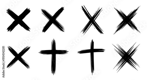 Crosses brush stroke set with various black marks and textures featuring cross, x, plus with graphic resources and