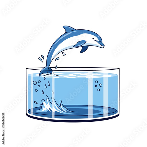 Dolphin jumping out of a glass tank, splashing water, playful marine mammal