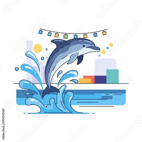 Dolphin jumping out of water with city skyline and festive lights