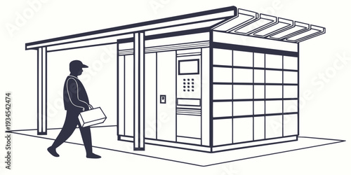 A man in a raincoat and hat walking towards a mailbox in the rain