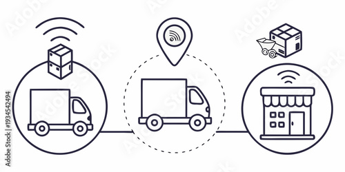 Illustration of a delivery truck tracking system with warehouse and retail store
