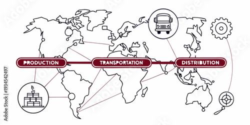 Global map illustrating the process of international shipping and logistics