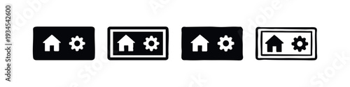 Home management icon set featuring house and gear for smart system configuration and interface.