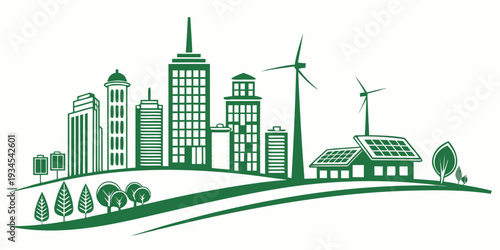 Modern cityscape with green energy infrastructure and buildings