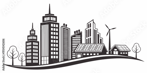 A modern cityscape with diverse buildings and renewable energy sources