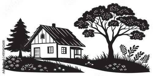 A charming house surrounded by lush greenery and tall trees in a peaceful countryside setting