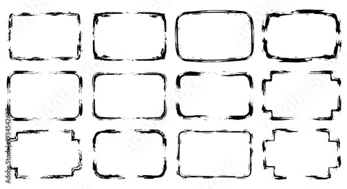 Frames grunge hand drawn set with black brush strokes and textured borders for design elements featuring rectangle,