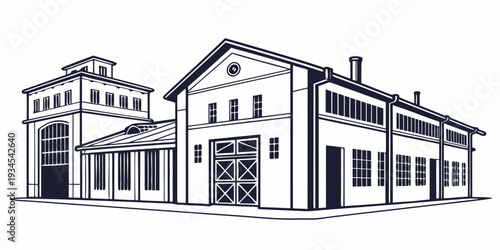 A detailed illustration of a large industrial building with multiple sections