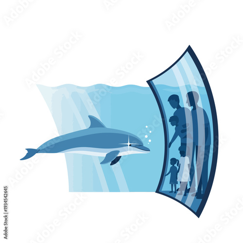 Dolphin swimming in aquarium, family watching through curved glass window