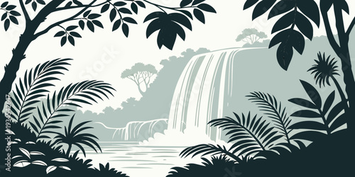 Majestic waterfall cascading through lush tropical forest in the jungle.