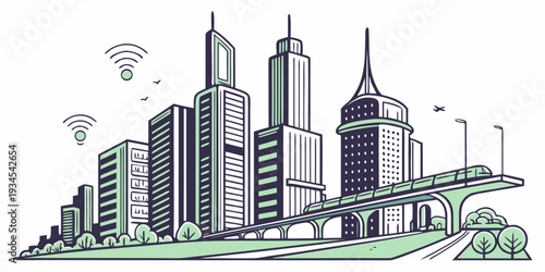 A detailed illustration of a cityscape with modern buildings and a bridge