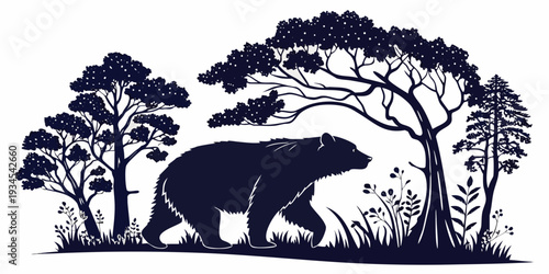 A majestic black bear walking through a serene forest landscape with tall trees