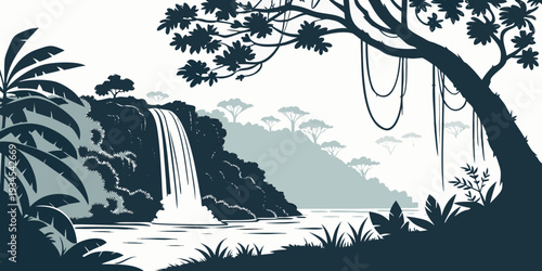 A serene waterfall cascades down a rocky cliff into a tranquil pool surrounded by lush greenery.