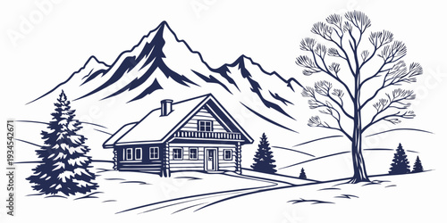 A serene mountain cabin nestled among trees with a majestic mountain range in the background.