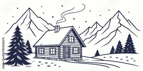 A cozy log cabin nestled in the mountains with a chimney puffing smoke.
