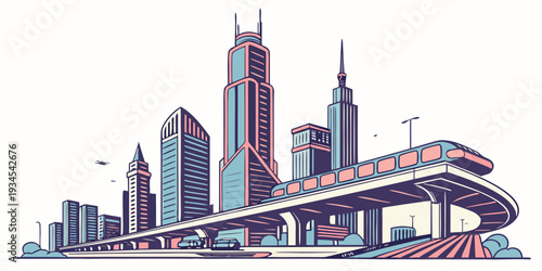 A futuristic cityscape with towering skyscrapers and a monorail system