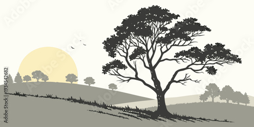 A serene landscape with a solitary tree under a setting sun