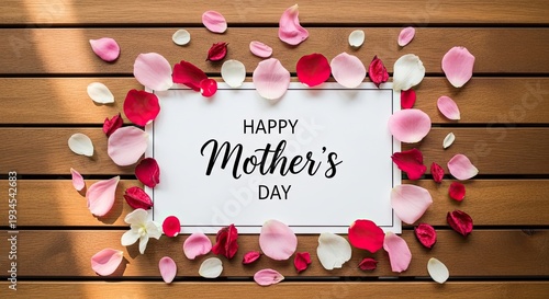 Happy mother's day greeting with rose petals on wooden background