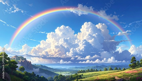 A vibrant vista depicting a vivid rainbow arching over a lush, green landscape under a bright, cloud-filled sky