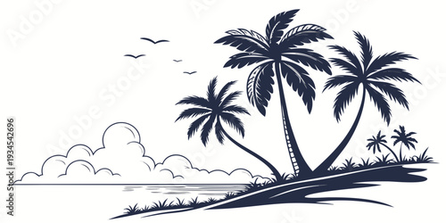 A serene tropical beach scene with palm trees and distant mountains