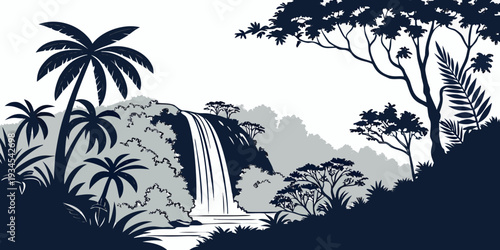 A serene tropical landscape with lush greenery and towering cliffs