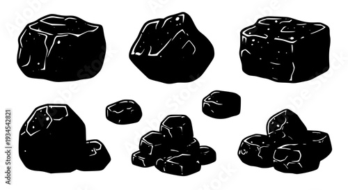 Rocks set with varied shapes and sizes in black and white illustration featuring stones, pebbles, boulders with geology