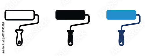 Paint roller icons set including outline, solid black and blue versions on transparent background for painting, home renovation, DIY projects, interior design, and professional vector applications.