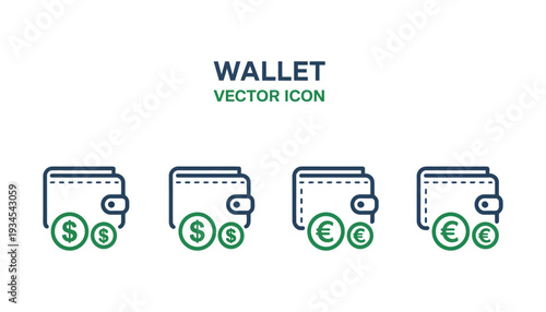 flat wallet icon set with dollar and euro coins, clean outline finance and banking vector illustration for fintech apps, digital payment systems and money management design.