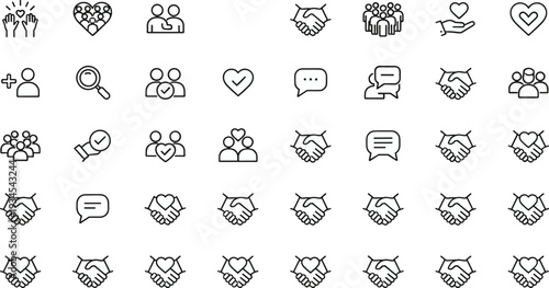 Community and partnership line icon set with handshake heart support group chat editable stroke vector illustration