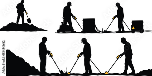 Metal detector silhouette, treasure hunting artwork, archaeology exploration design, outdoor detecting illustration, hobby search activity art