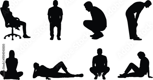 People sitting standing squatting and reclining silhouettes set, men and women body posture collection isolated flat vector illustration