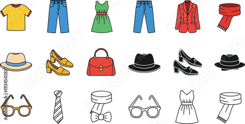 Collection of various clothing items and accessories for men and women displayed