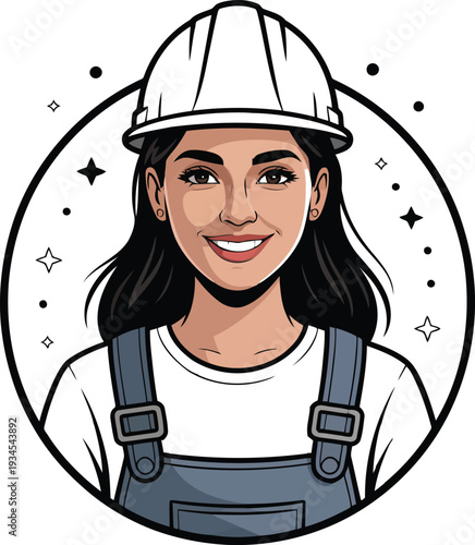 A cartoon woman wearing a hard hat and overalls