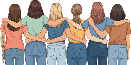 Six women standing together with their arms around each other