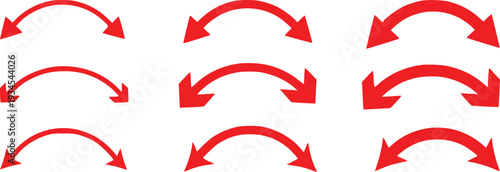 Red Curved Arrow Icon Set Vector Illustration – Collection of Arch Arrows, Directional Flow Symbols Isolated on White Background
