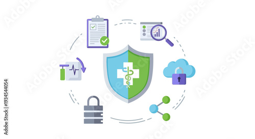 Healthcare Data Security & Privacy Concept with Medical Shield, Digital Records, Cloud Protection, and Information Management Icons