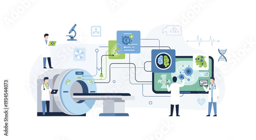 Healthcare Technology and Advanced Diagnostics: Doctors Interacting with Medical Imaging, AI Data Analysis, and Research Systems