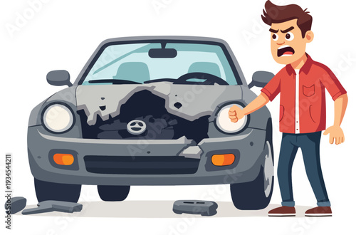 macchina automobile rotta con uomo arrabbiato per incidente  vettoriale