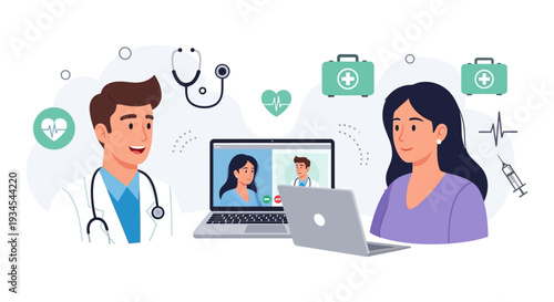 Telemedicine Online Doctor Consultation: Patient Video Call with Physician for Remote Healthcare & Digital Health Services Vector Illustration