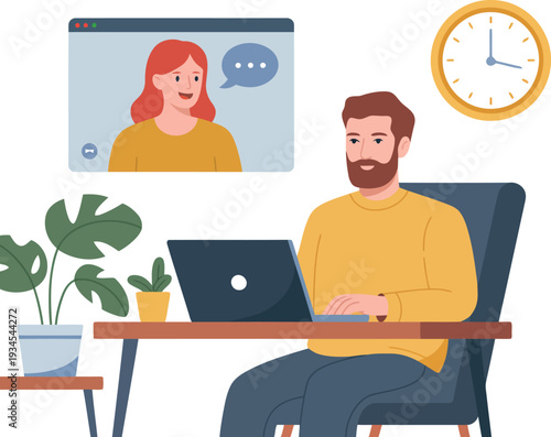 Man working on laptop with video call on screen