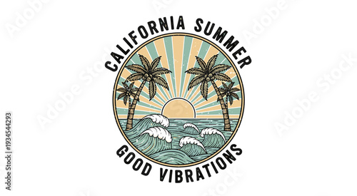 Vintage California Summer Good Vibrations Beach Illustration.