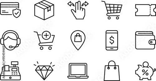 Minimalist ecommerce shopping icons set, digital payment symbols, retail cart graphics, online store elements, mobile commerce outline vector illustration