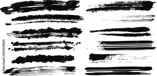 Grunge Black Ink Brush Stroke Collection, Dirty Paint Lines and Textured Brush Elements, Artistic Grunge Backdrop Set, Vintage Distressed Brush Strokes Stock Vector.