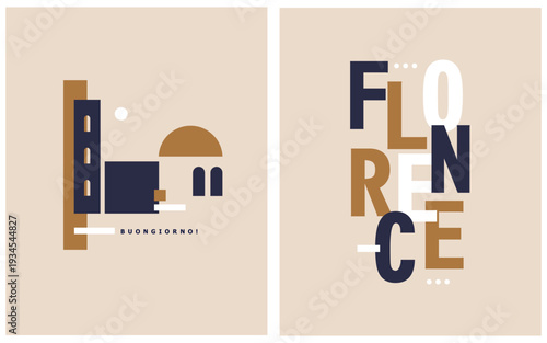 Simple Abstract Vector Illustration with Gold, White and Dark Royal Blue Cathedral Santa Maria del Fiore - Duomo and "Florence" on a Dusty Beige Background. Modern Cityscape of Florence.
