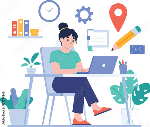 A woman sits at a desk with a laptop and office supplies around her