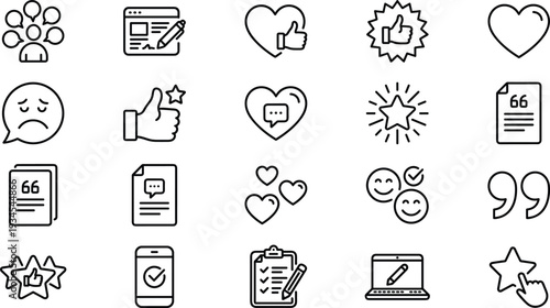 Modern customer feedback and review icons set featuring rating symbols, communication elements, approval signs, emotions, testimonials, and digital interaction graphics